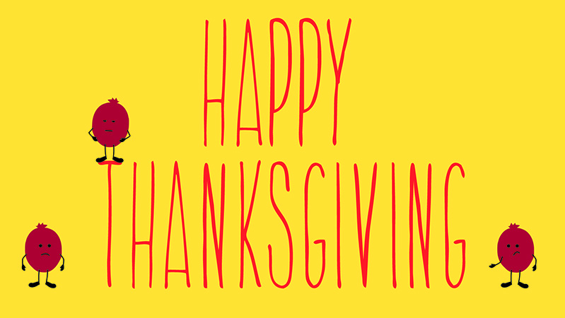 An image showing three personified red vegetables and the text: Happy Thanksgiving.
