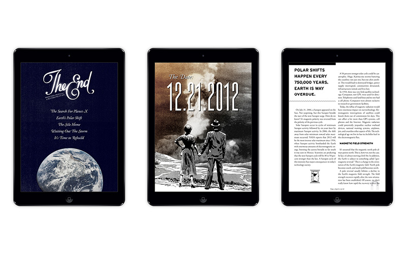 A set of screenshots on tablets, showing the planet earth, a couple holding hands and some text article.