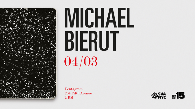 A poster showing a black pattern book cover near the text that says: Michael Bierut.
