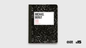 A poster showing a black patterned book cover with a white label that reads: Michael Bierut.