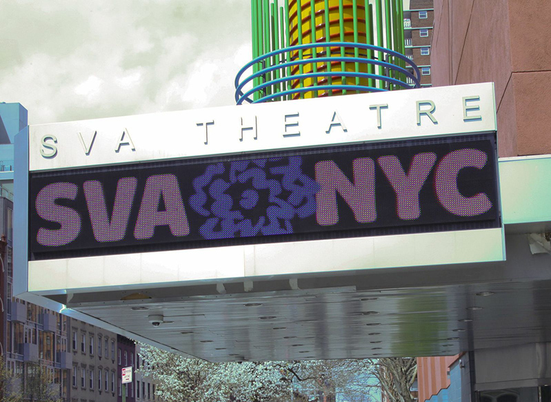 SVA theatre LED screen advertising at the entrance of the building