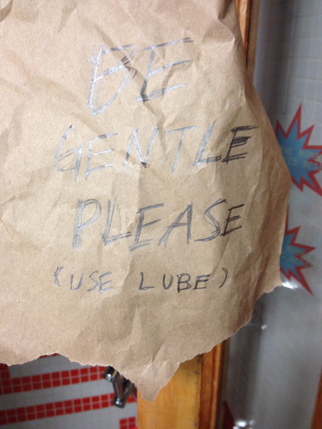 Be gentile please (use lube) written on a piece of paper