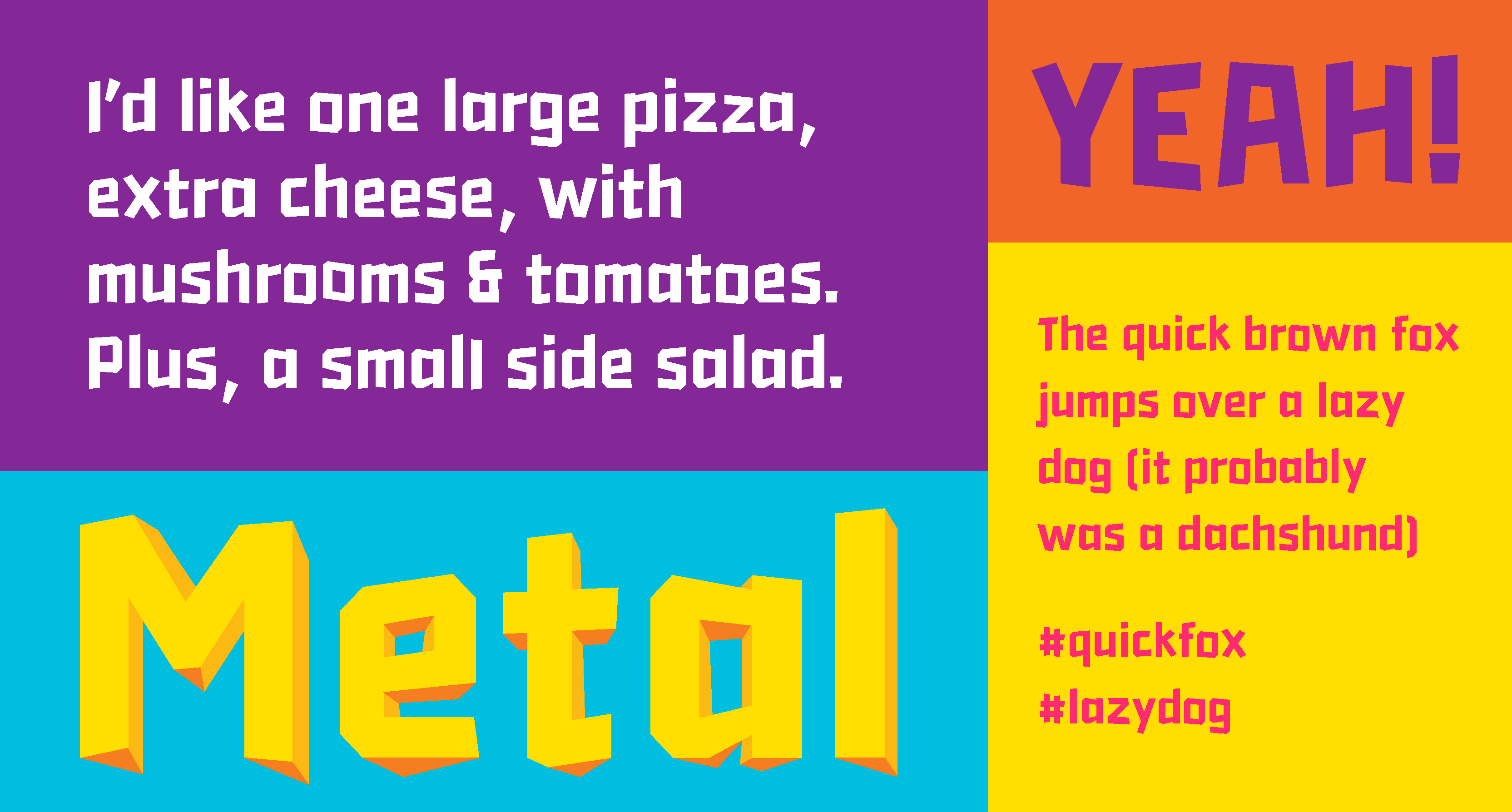Metal typeface text example on violet, blue, orange, and yellow background