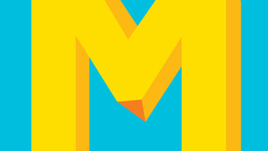 Yellow letter m on blue background