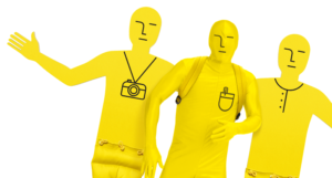 yellow man with two wooden sillouetes