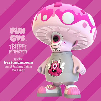 a pinkmushroom toy with the fun gus logo next to it