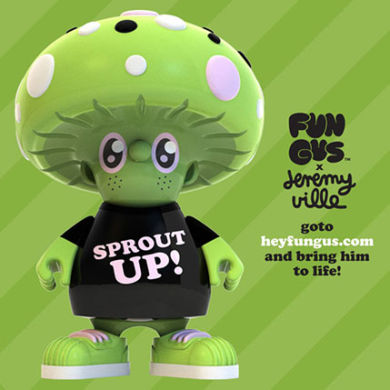 a green mushroom toy with the fun gus logo next to it