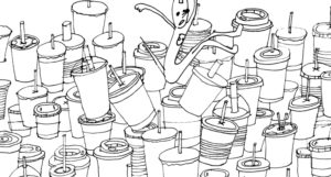 men sketch falling on soda beverage cups with straws