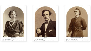 A set of old photos, representing different men, each having their name and some other text on the white frame.