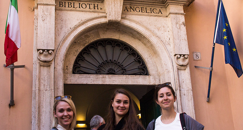 three women in front of Biblioth Angelica