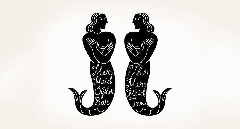 logo with two mermaids mirroring each other for the mermaid oyster bar and the mermaid inn
