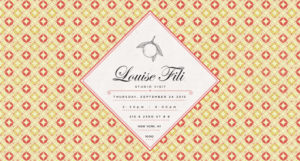 Louise Fili event banner made in a diamond shape on top of a pattern of red and yellow circles on a mustard color background