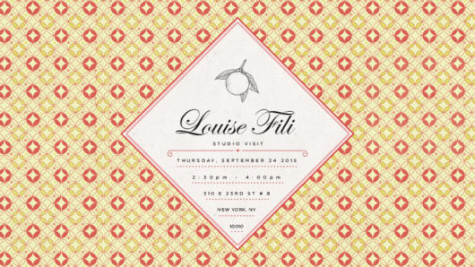 Louise Fili event banner made in a diamond shape on top of a pattern of red and yellow circles on a mustard color background