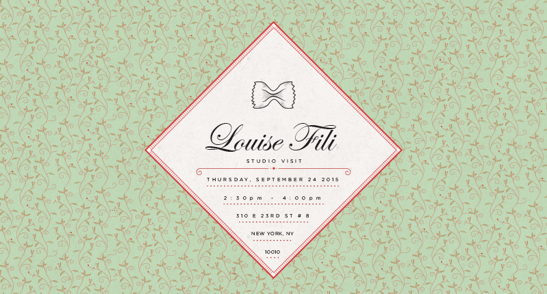 Louise Fili event banner made in a diamond shape on top of red floral lines pattern on an olive background
