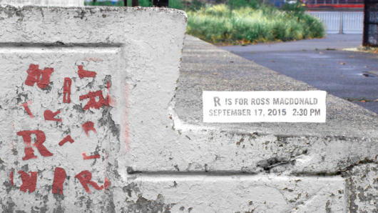 R is for Ross Macdonald event banner with a photo of a side view of stairs in the streets