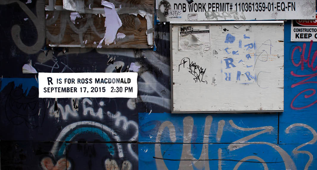 R is for Ross Macdonald event banner with a picture of wood planks painted in blue or black and covered with graffitti tags