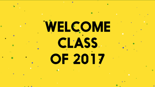 A yellow poster with black, blue, green and white dots. On it there is a text: Welcome Class Of 2017