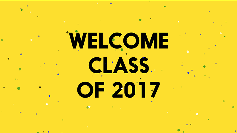 A yellow poster with black, blue, green and white dots. On it there is a text: Welcome Class Of 2017