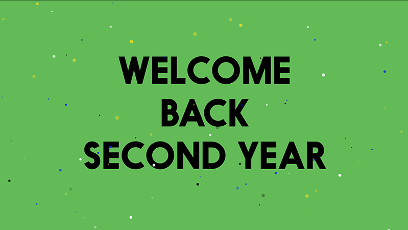 A green poster with black, white dots and the text: Welcome Back Second Year.
