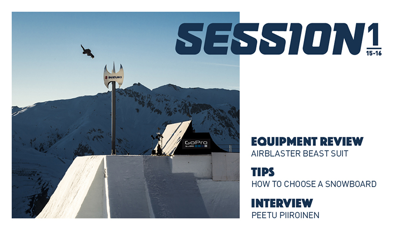 A poster of a mountain resort with tips on how to use snowboards. The text on it says: Session Equipment Reviews, Airblaster Beast Suit, Tips How To Choose A Snowboard, Interview Peetu Piiroinen.