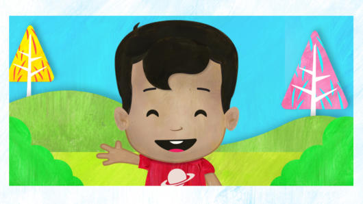 An image overlap drawing of a boy wearing a red t-shirt, some colored trees, the sky and some green land.