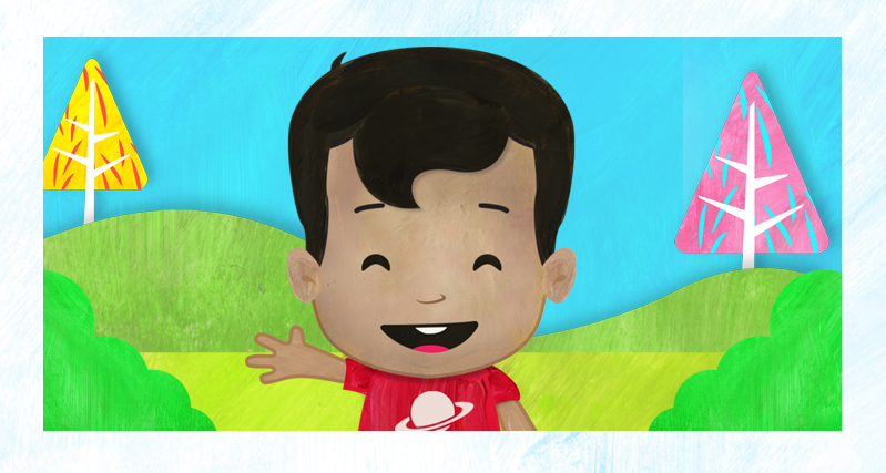 An image overlap drawing of a boy wearing a red t-shirt, some colored trees, the sky and some green land.