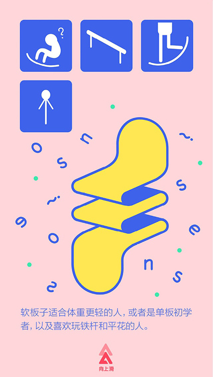 A pink poster with some blue letters and icons. On it there is a drawing of a yellow textile like blanket. The blue icons seem to suggest some sort of jumping activities.