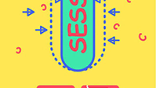 A yellow poster with a cyan oval shape with blue margins. Around the shape there are some blue arrows and some red letters. Also on the poster there are some red boxes with some white drawings that look like pictograms. The text in the shape is: SESSION.