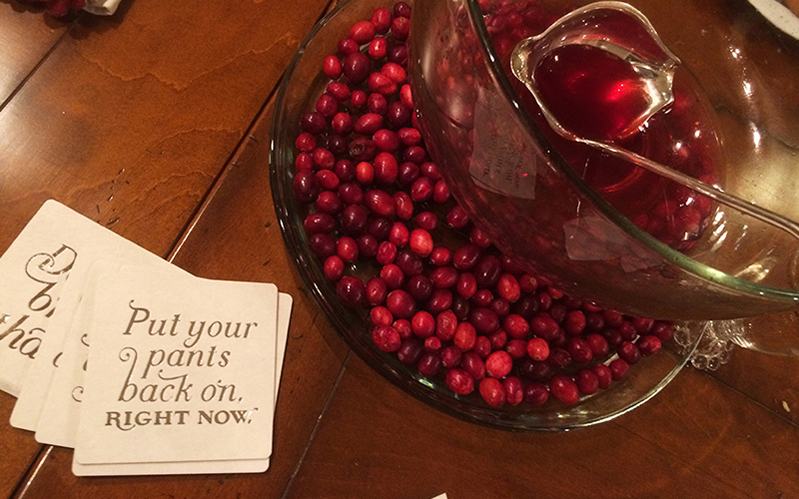 A photo of a glass bowl with some red seeds in it and also another glass bowl with some red liquid. Near them there are some white notes, one having the text: Put Your Pants Back On. Right Now.