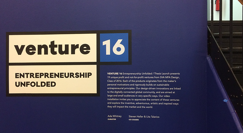 The logo of venture 16 Entrepreneurship Unfolded and some text put on a blue wall.