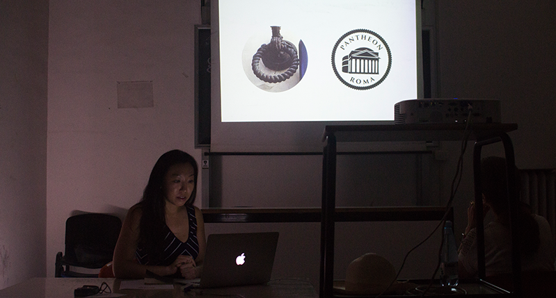 a student presenting pantheon logo