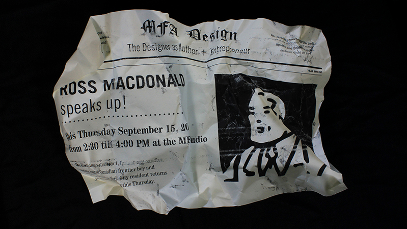 a tossed piece of paper with the Ross Macdonald event details