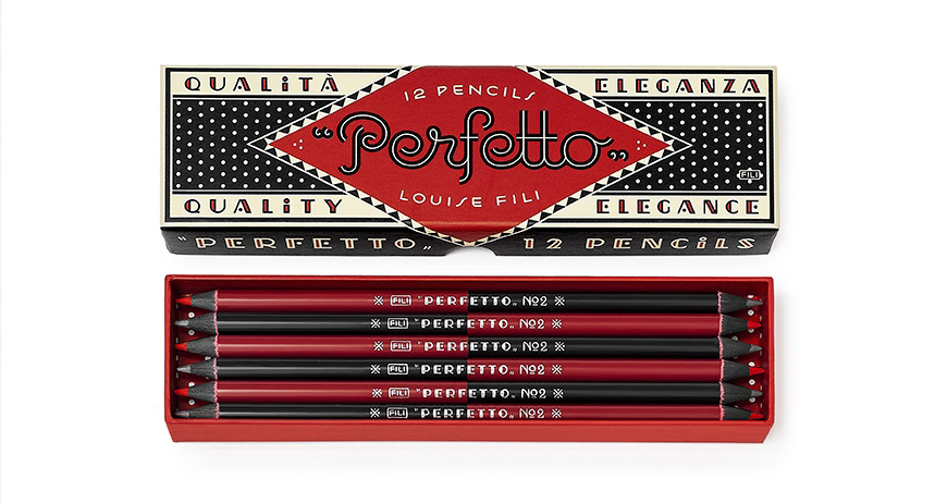 A black, white and red box with patterns that is filled with black and red pencils. On the box there is the text: Quelita Eleganza Quality Elegance Perfetto 12 Pencils.