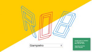 A poster half yellow half white with the isometric blue and red text ROB over it and a search box with the word Giampietro. There is also some green textbox on one side.