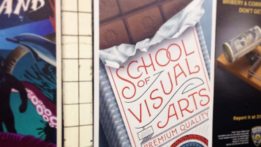 A photo of several posters, one of them having an unwrapped chocolate bar and the text School Of Visual Arts Premium Quality. SVA NYC Logo.