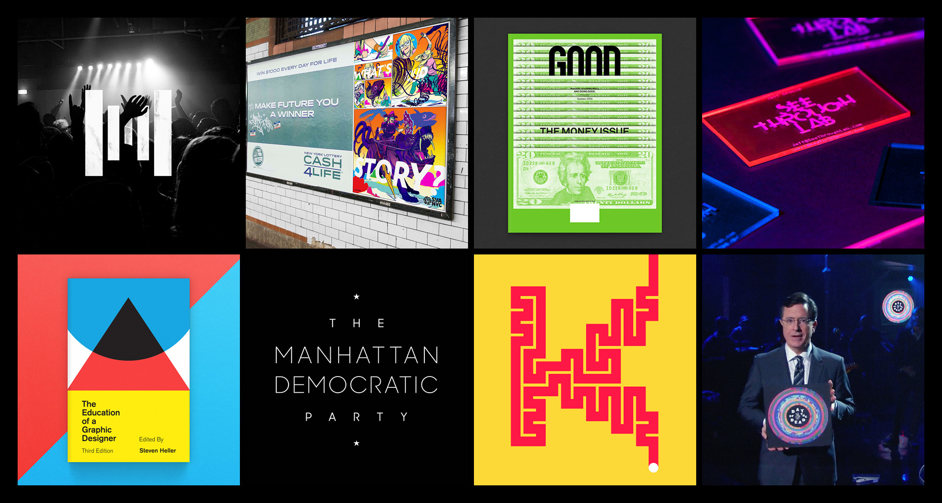A set of colorful images representing text logos, magazine covers, and other generated objects.