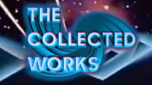 A poster with a 3d retro futuristic space grid and the text: The Collected Works.