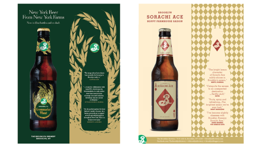 A set of label designs for beer bottles put on posters. On the bottles there are logos of the white letter B on green or red circles.