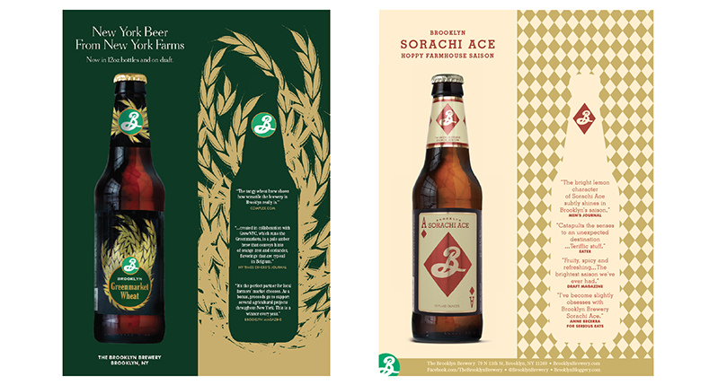 A set of label designs for beer bottles put on posters. On the bottles there are logos of the white letter B on green or red circles.