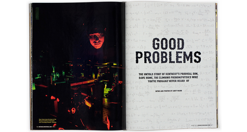 A magazine that has a photo of some person and some objects at night. On the other page there is a math grid with different math formulas and the text: Good Problems.