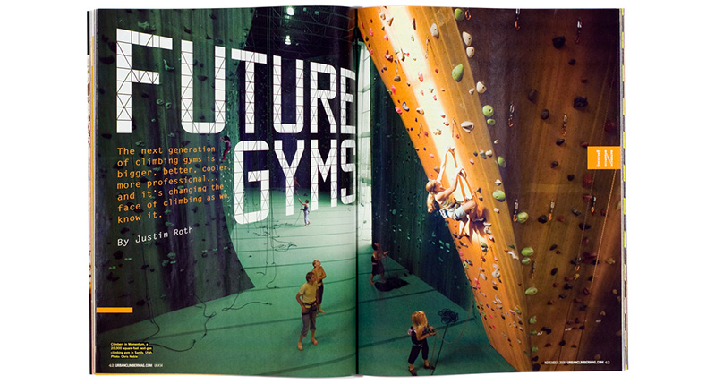 A photo of an opened magazines that has a picture of a sport climbing room and some people. On one page there is the text: Future Gyms.