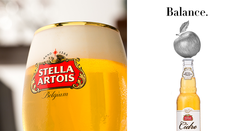 product presentation of stela artois glass and beer bottle