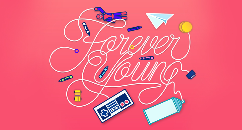 A set of icons depicting old tv games, spray cans, paper planes, yoyo's, toy cars, colored pens, figurines and the text made from a wire that says: Forever Young.