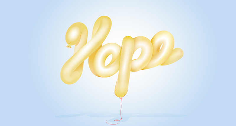 A 3d yellow balloon shaped in the form of a text: Hope, and put on a blue gradient background.
