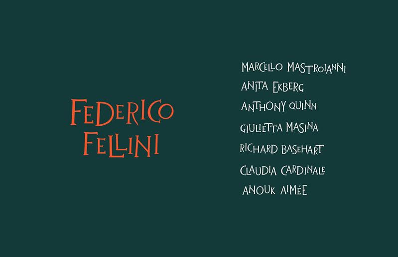 A typographic sample reading Federico Fellini alongside some names.