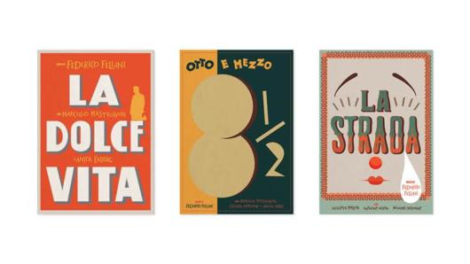 Different poster designs that read: La dolce vita, Otto E Mezzo 1/2 and La Strada.