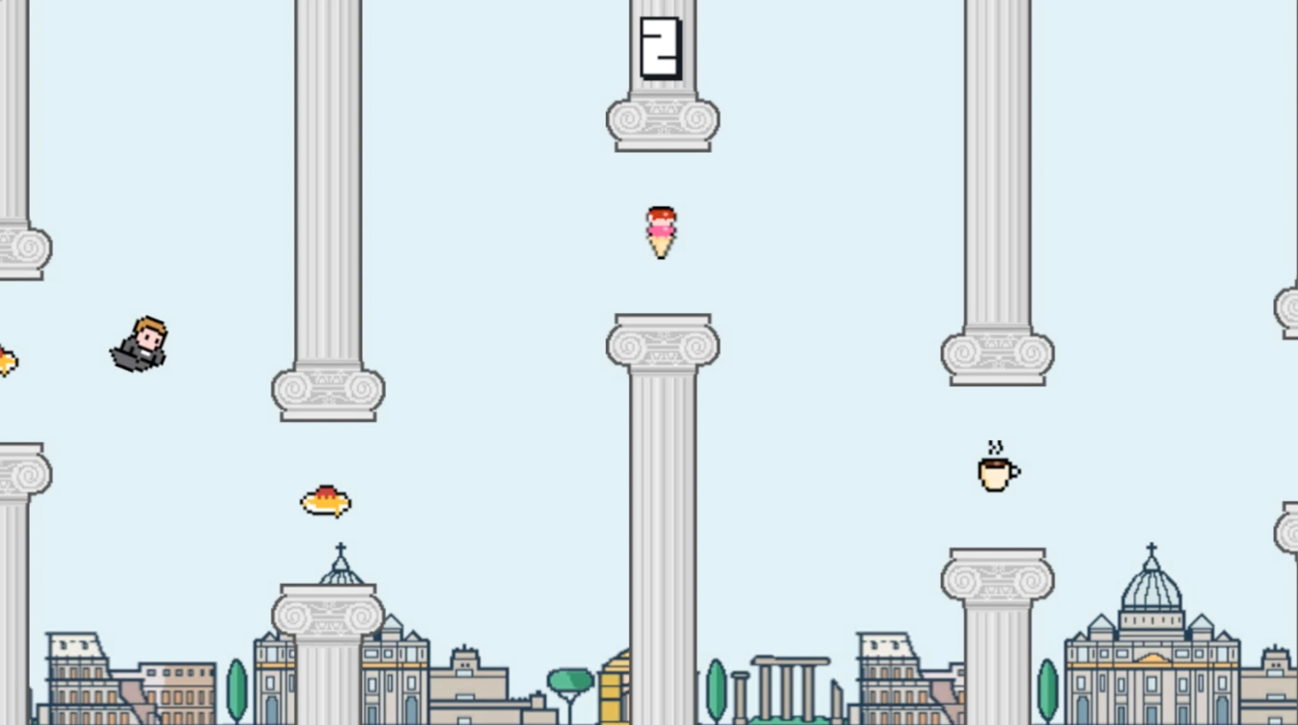 An image of some 8 bit computer art depicting 2d buildings and pillars. Some characters fly between the pillars to take different items.