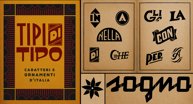 A group of old styled typographic letter samples and logo designs.