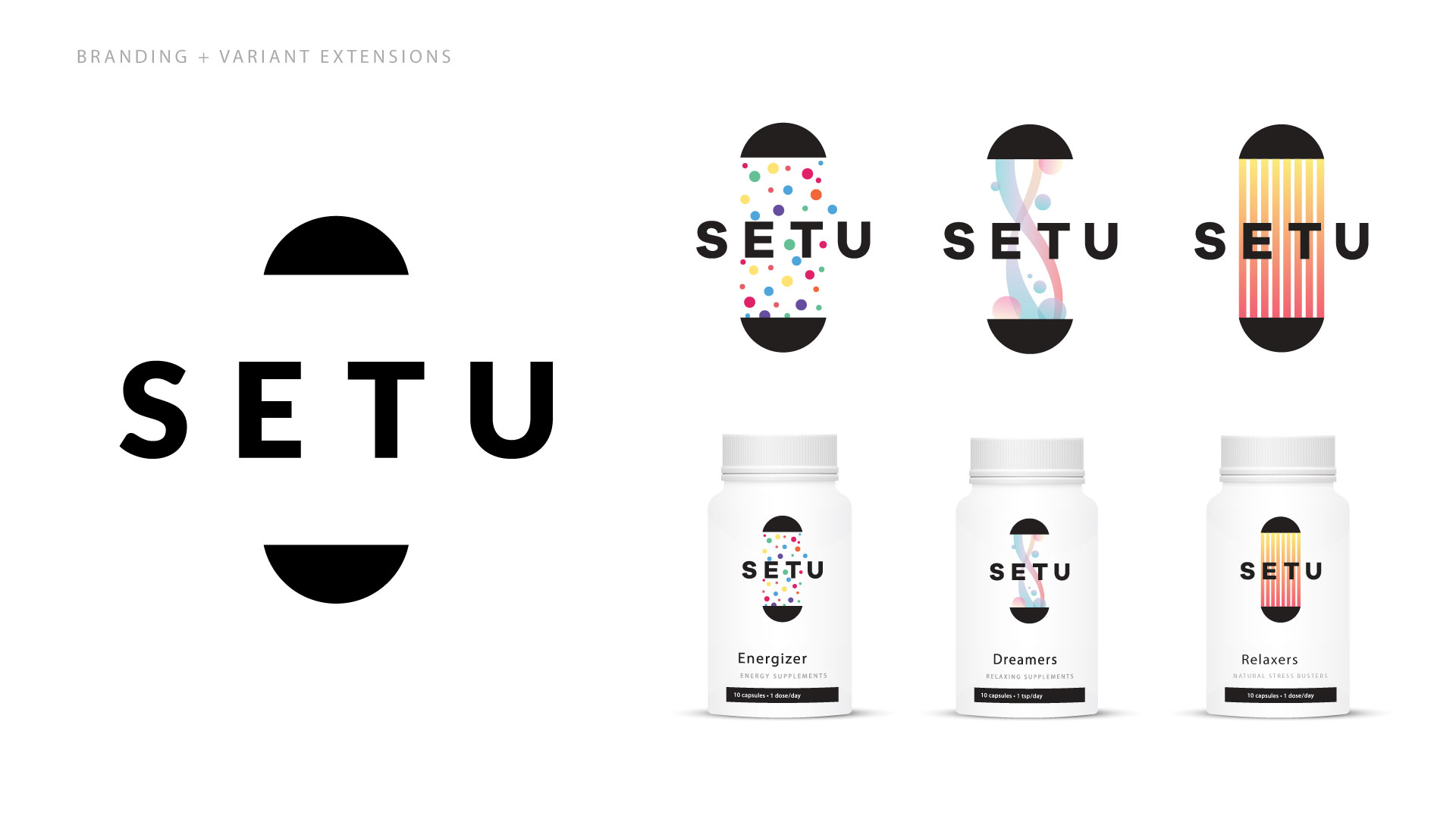 Pill like logo design and bottles with the same logo on them reading SETU.