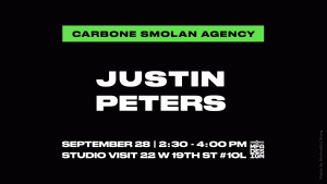 A white and green text logo that says: Carbone Smolan Agency . Justin Peters. MFA Design logo.